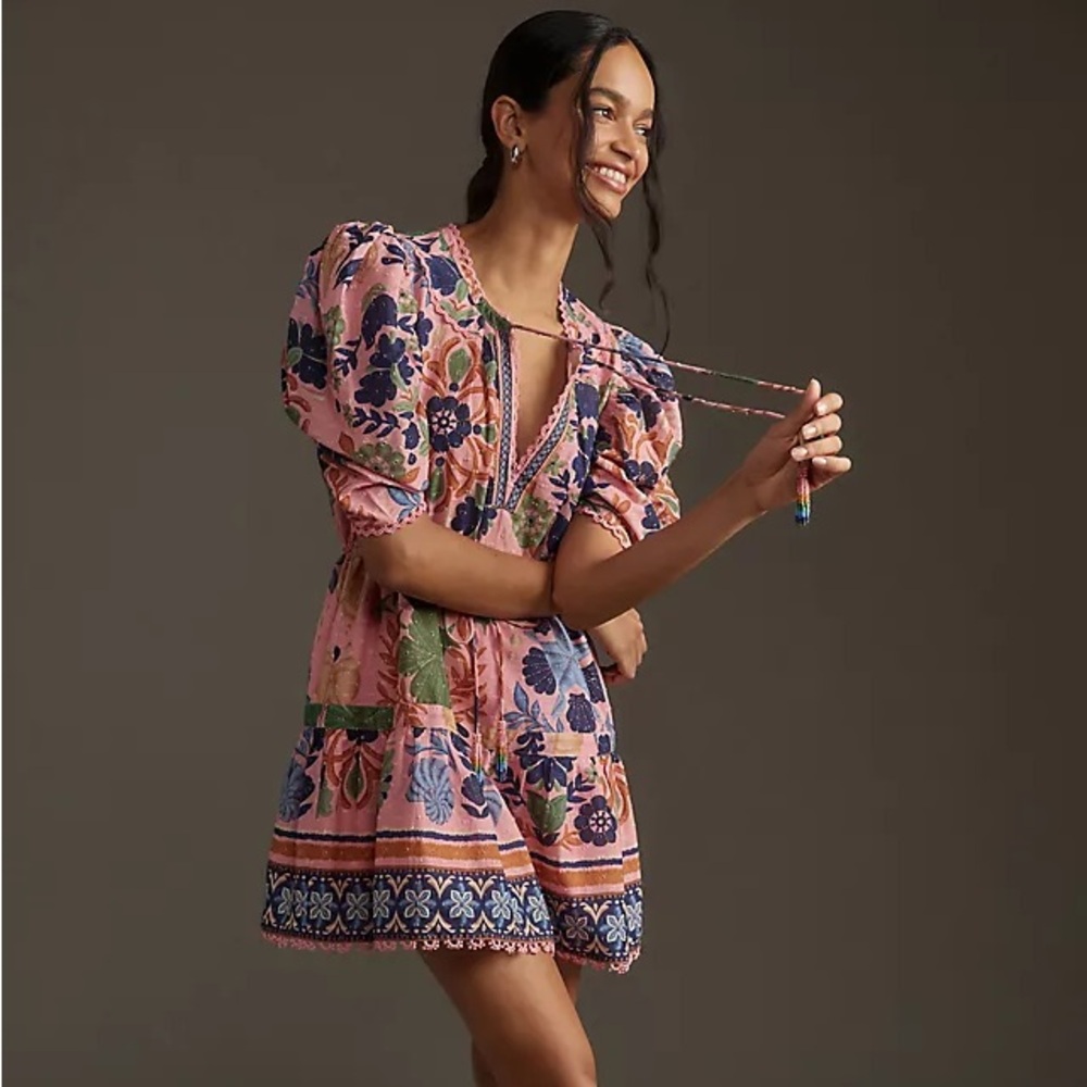 FARM Rio Pink Floral Embroidered Puff-Sleeve Mini Dress